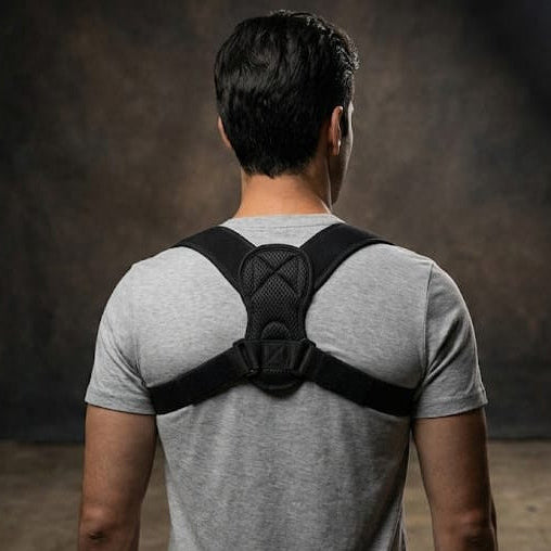 Person wearing a black posture corrector in a studio setting